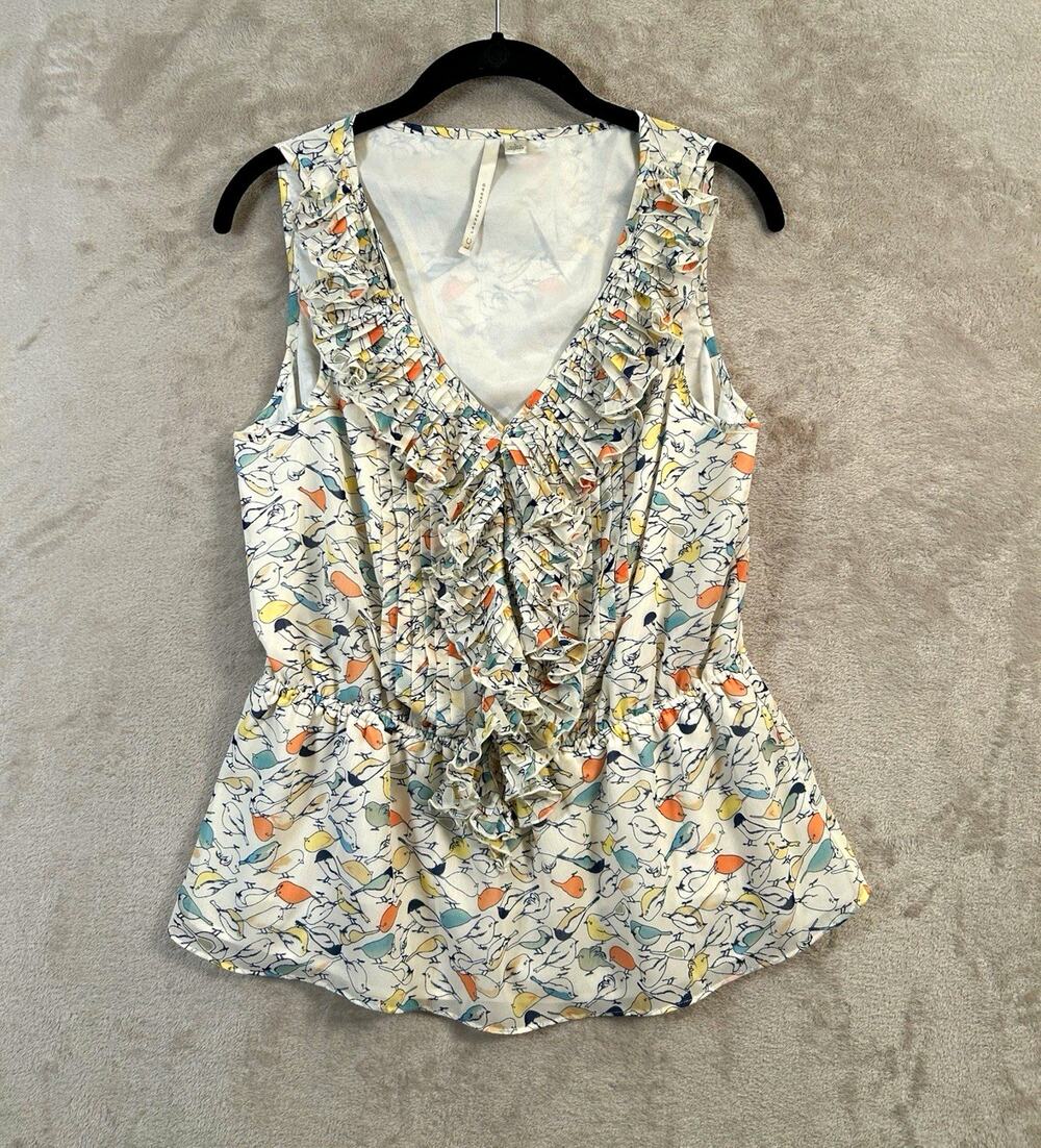 LC Lauren Conrad Pastel Bird Print Ruffle Peplum Blouse Size Large Cottagecore